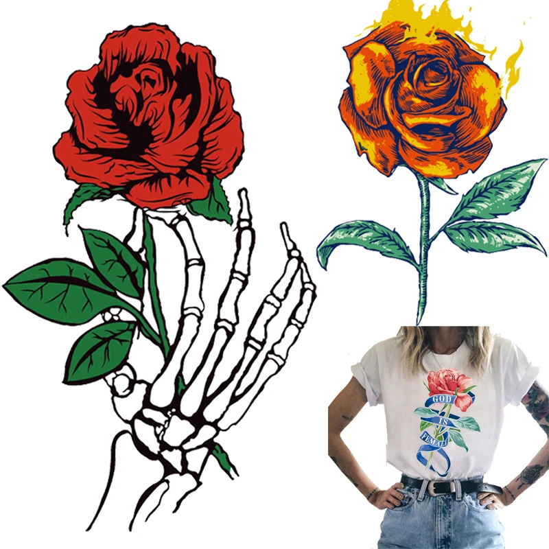 

Skull Hand with Rose Flower Patches Thermal Stickers on Clothe Iron-on Transfers for Clothing Thermoadhesive Patch Diy Applique
