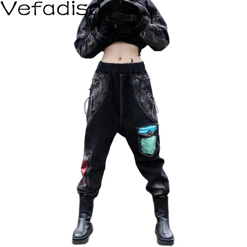 

Vefadisa 2022 Spring Plus Velvet Thickening Personality Black Denim Harem Pants Fashion Print Stitching Jeans TT795