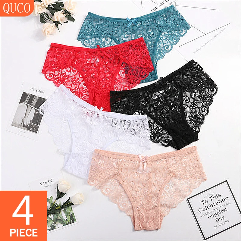 

QUCO Brand 4 Pcs/Lot Sexy Underwear Hollow Out Lace Up Thongs Women Panties Elastic Lace Lingerie Transparent Briefs Strings