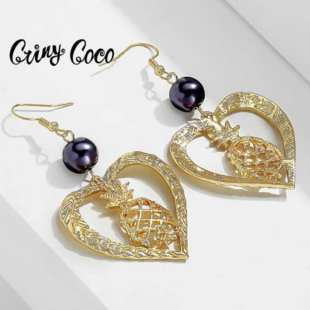 

Hawaii Polynesia Style Love Heart Pineapple Drop Earrings for Women 2021 Jewelry Pearl Unique Design Fashion Women's Gold Color