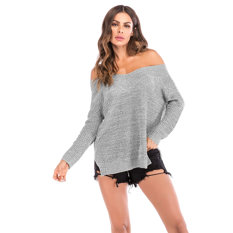 

Sexy V-neck Off-the-Shoulder knitted Sweater Women 2019 Casual Long Sleeve Solid Pullover Female Autumn Winter Knitted Tops