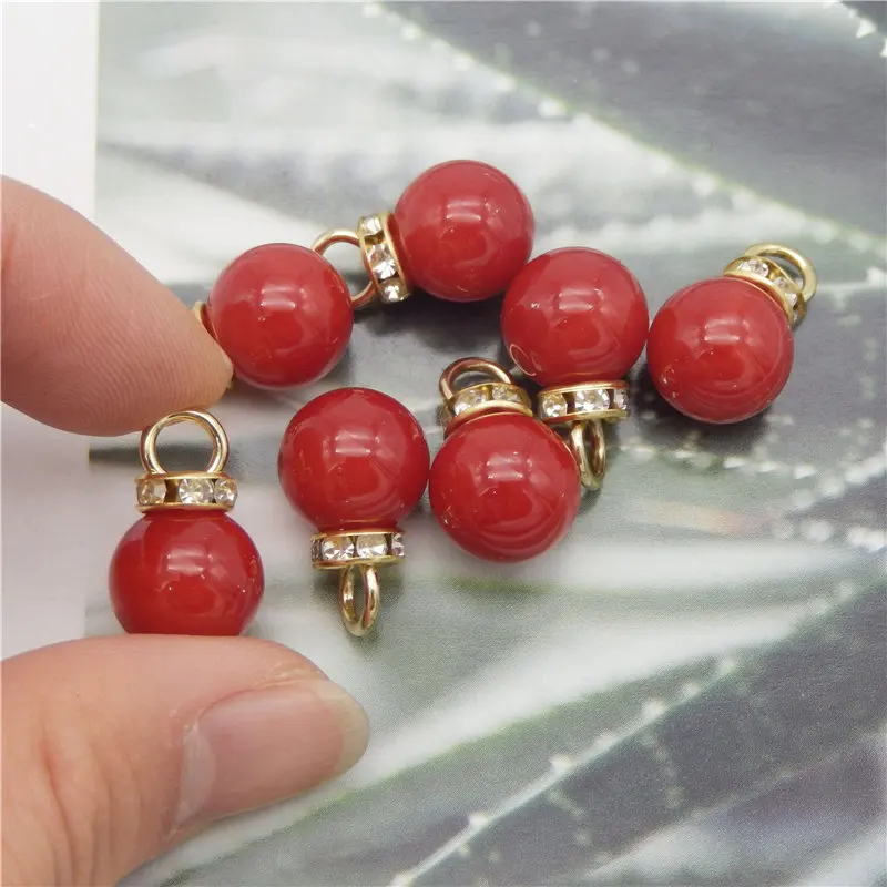 Julie Wang 20PCS 12mm Man-made Red Pearl Charms Alloy Cap With Rhinestone Pendants Bracelet Earrings Jewelry Making Accessory
