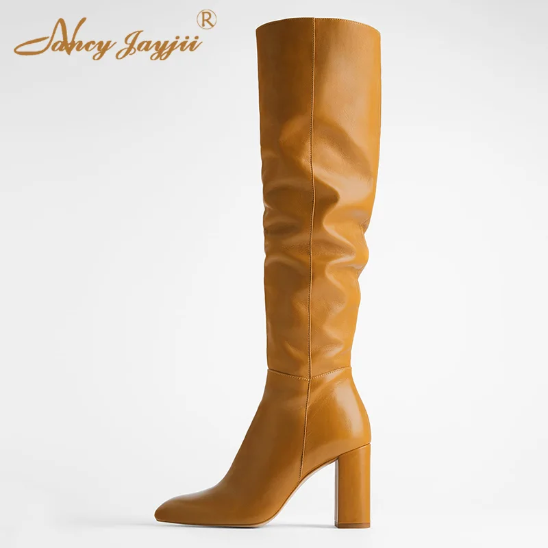 2019 г. Зимние Женские однотонные сапоги до колена на молнии с круглым носком