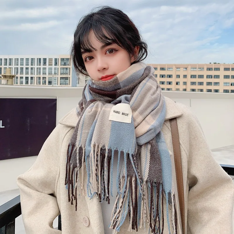 

Autumn Winter Korean Plaid Scarf Women 2021 Imitation Cashmere Vintage Long Scarves with Tassels Warm Shawl Hijab Pashmina Wraps