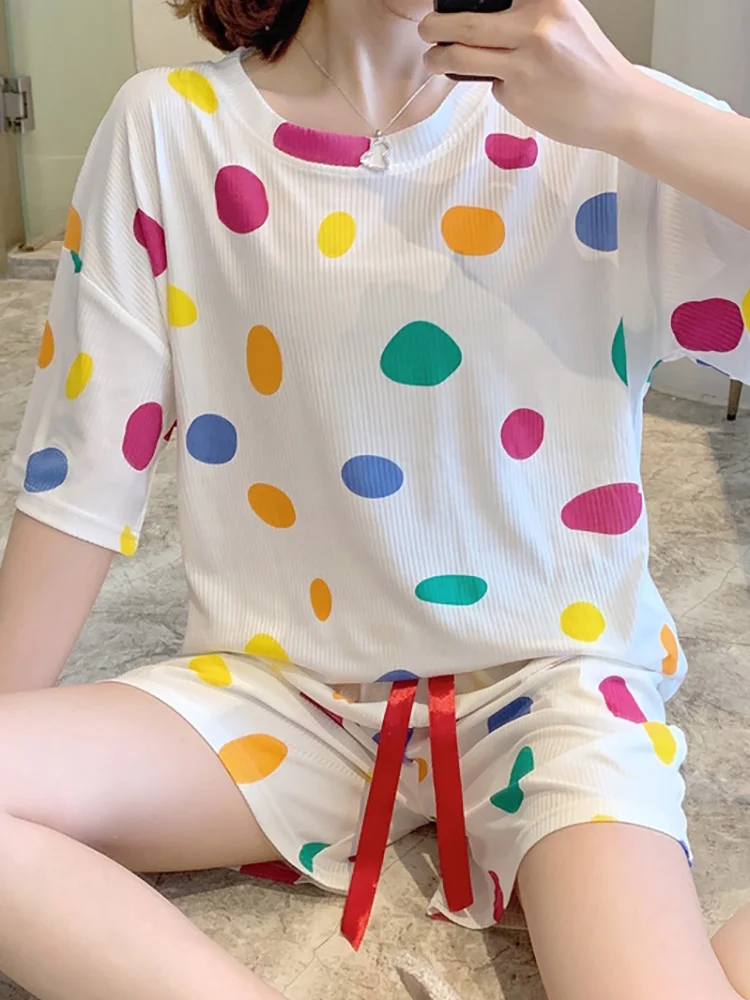 

ITOOLIN Korean Sleep Tops And Shorts Set Women Two Piece Summer Cotton Cute Clothes Can Wear Outside Loungewear Pyjama Femme