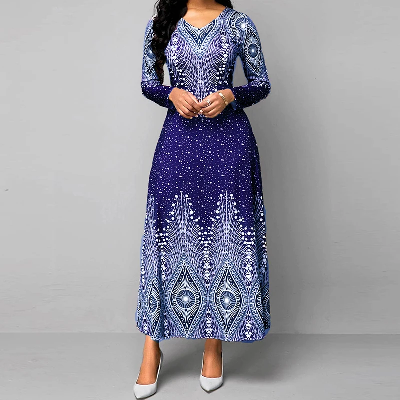 

Vintage Elegant Women Party Dresses 2021 Autumn Fashion V-neck Long Sleeve Ladies Maxi Dress Casual Female Loose Dress Vestido