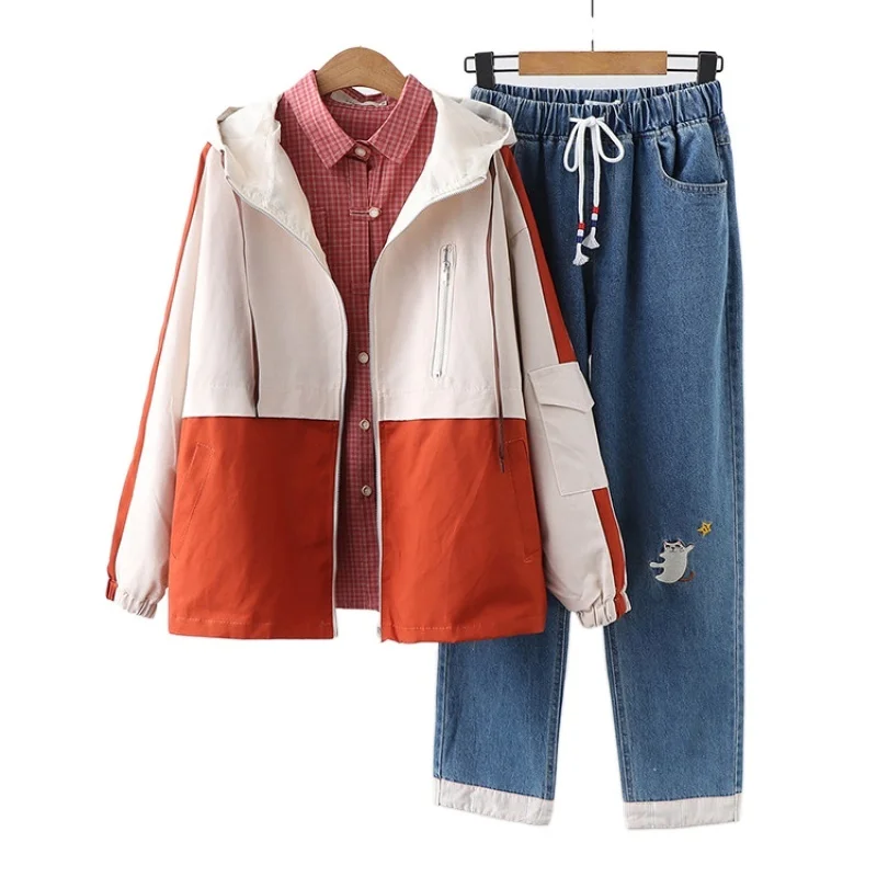 

Women's Casual Pant Sets Zipper Hooded Jacket Straight Denim Pants And Plaid Blouse Female 2021 Summer Three Piece Set Clothing