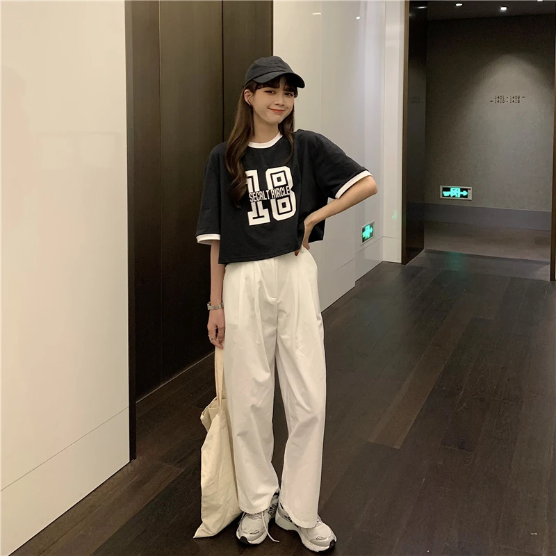 

Letter Print Loose Short Sleeve Contrast Color round Neck T-shirt Female Ins Popular Net Red Top Casual All-Matching T-shirt