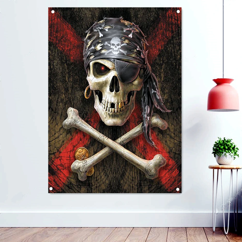 

Skull and Cross Crossbones Poster Wall Art Sabres Swords Jolly Roger Pirate Dead Man's Chest Flags Banner With Four Metal Buckle