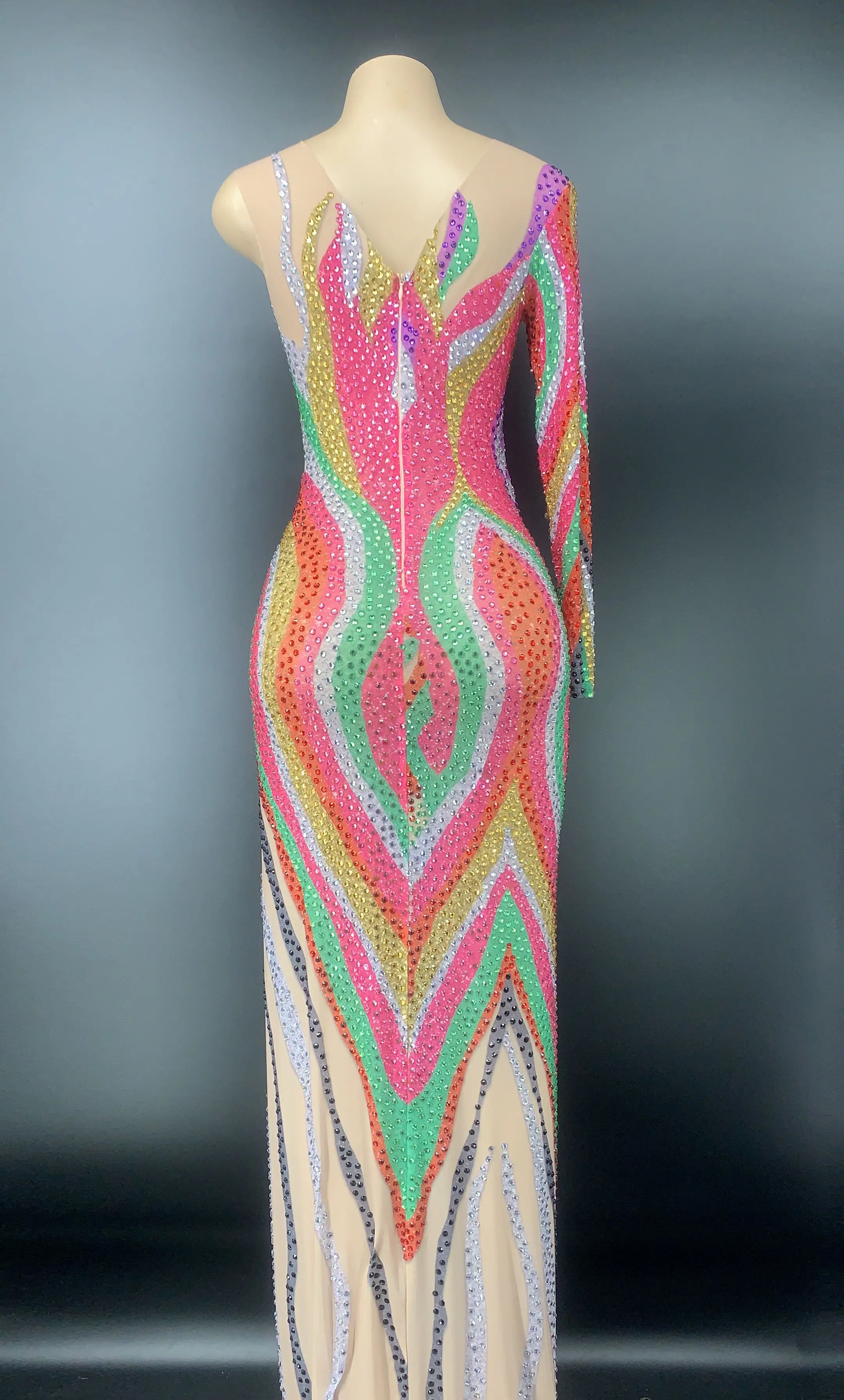 

Women Sexy Shiny Multicolor Rhinestone Evening Birthday Celebrate Maxi Long Dress 2021 Striped Ball Dancer Performance Costume