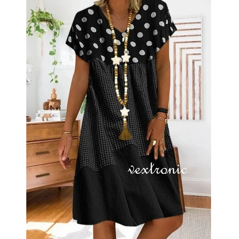 

Lugentolo Plus Size Dress Women Summer New Fashion Wave Point Check Print Loose Casual V-Neck Short Sleeve Midi Dress