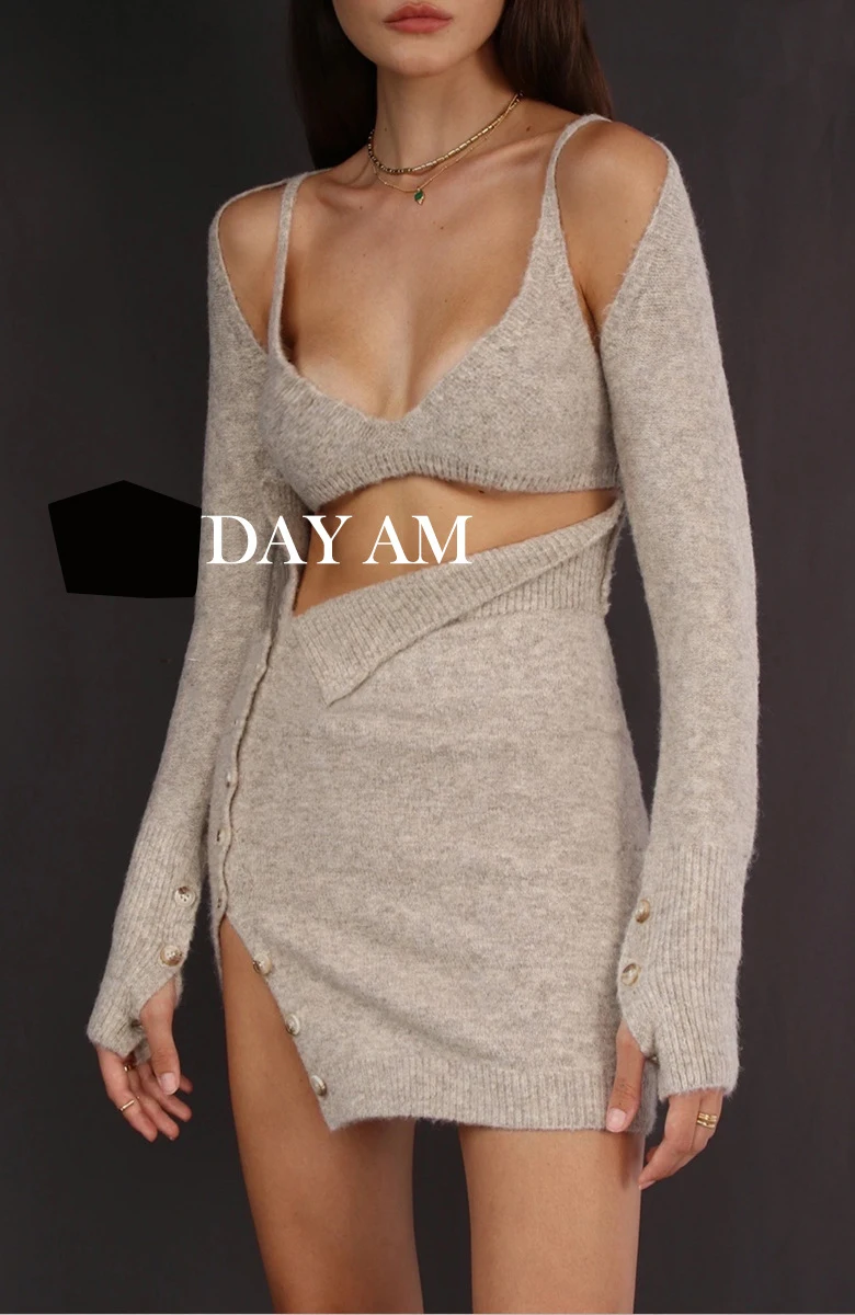 

Design sense knitted cardigan jacket camisole skirt a-line package hip skirt babes sweater women three-piece suit