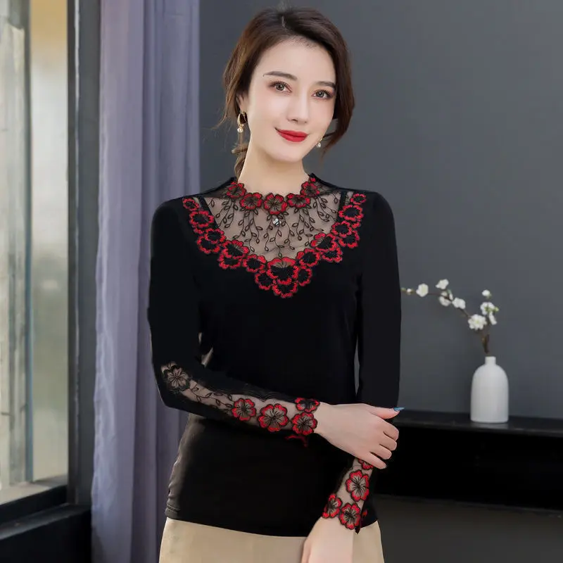 

New 2021 Autumn Winter Woman Tshirts Fashion Casual Long Sleeve Hollow Out Tops Elegant Slim Plus Size 5XL Women Clothing Y104