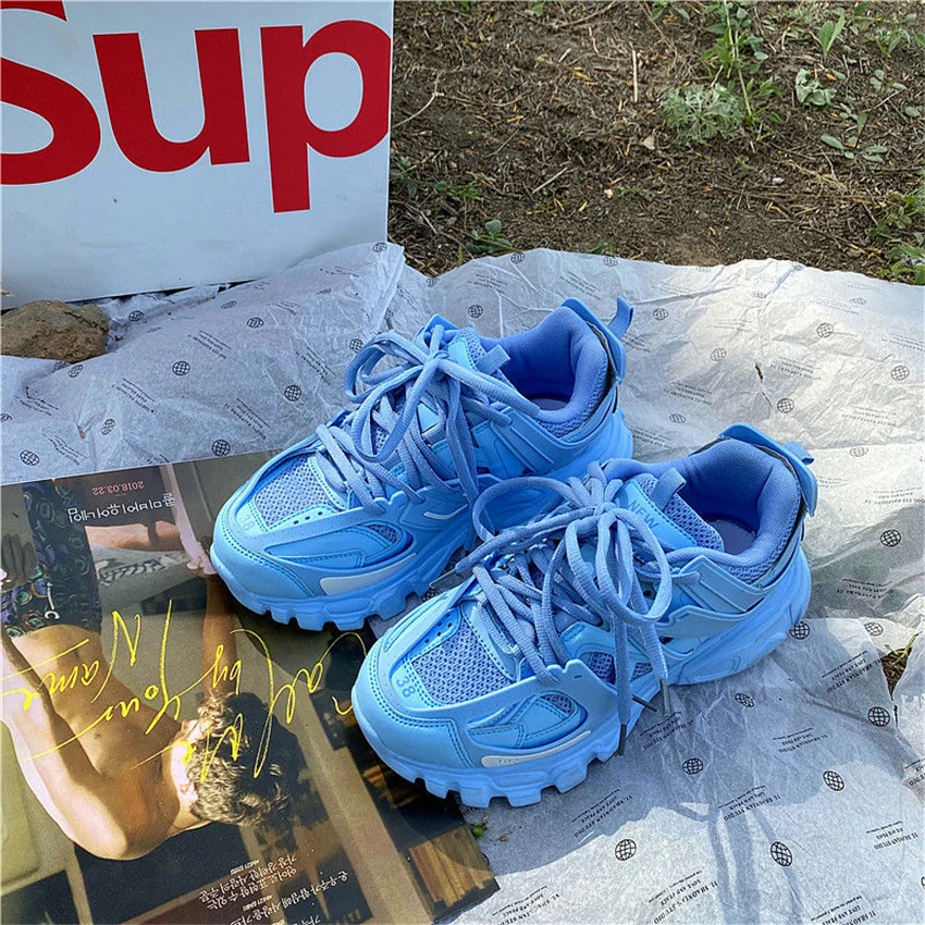 New Fashion Stylish Blue Dad Shoes Adult Platform Trainers Casual Chunky Sneakers For Women Men Sport Thick Sole Footwear Tripls