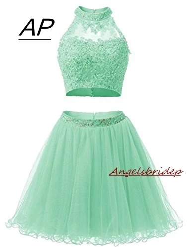 

Two Pieces 1950S High Neck Homecoming Dresses Sexy Hollow Back Beading Tulle Short Cute 8th Grade Graduation Dresses Plus Size