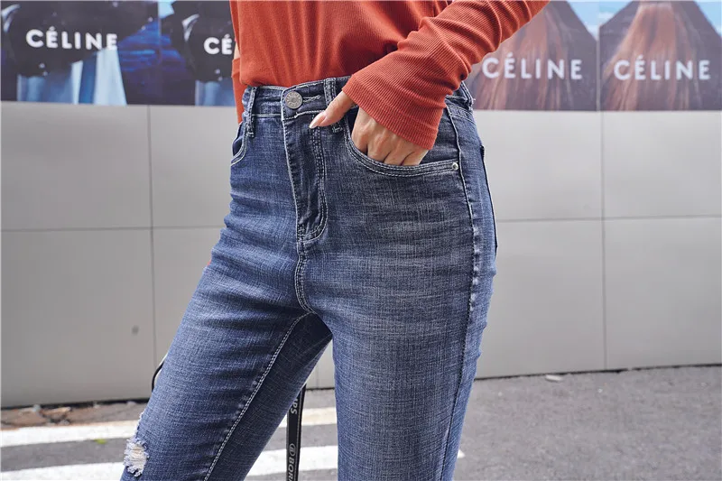 

JUJULAND woman New winter hole pencil pants skinny blue plus size classic elastic trousers 6628