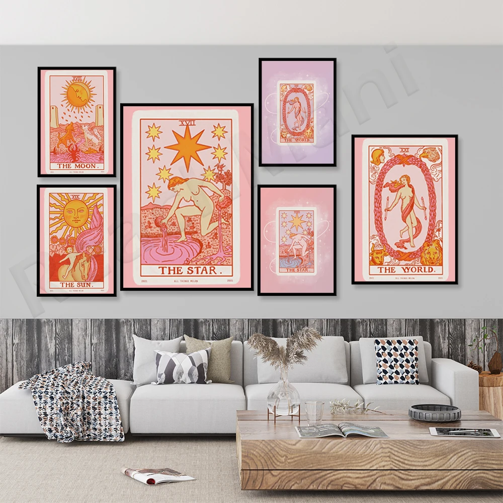

Pink Nordic Abstract Stars Tarot Wall Art Picture Canvas Painting Sun Queen Priestess Poster Printing Living Room Home Decoratio