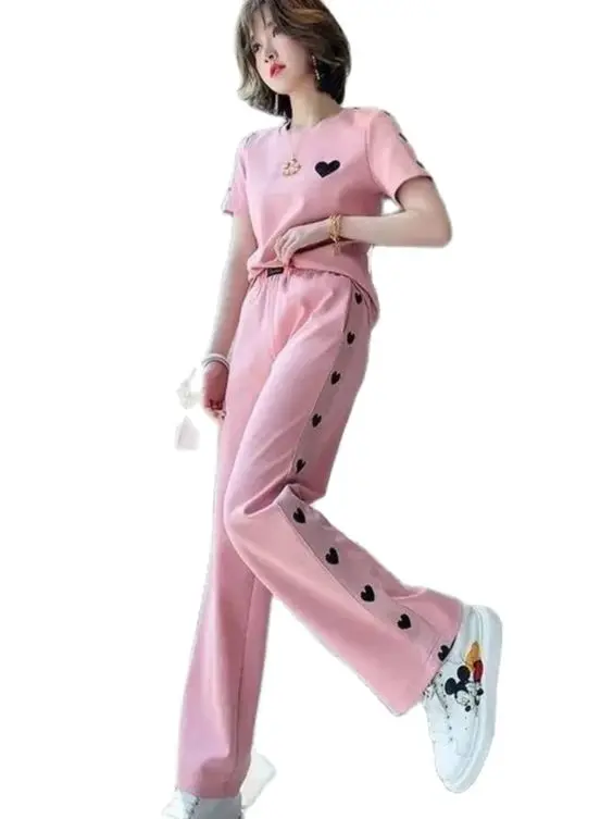 

2021 Summer Short Sleeve Casual Fashion Set round Neck All -Matching T-shirt High Waist Wide-Legged Pants Women 's Suit