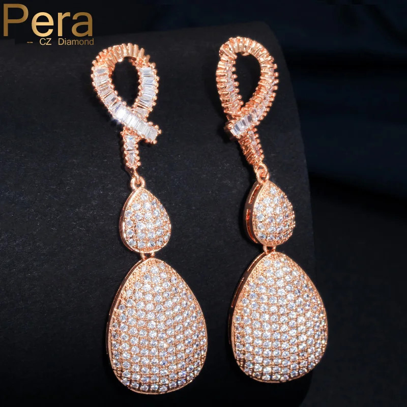 

Pera Luxury Bridal Wedding Engagement Party Jewelry Long Dangle Big Drop Yellow Gold Color Cubic Zirconia Earring For Women E351