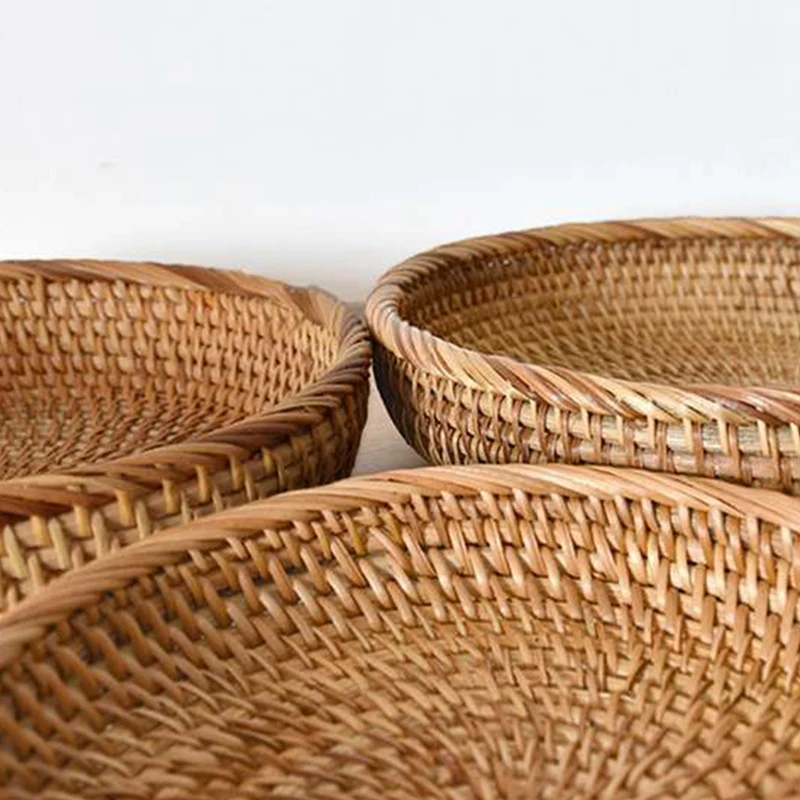 

3PCS Rattan Woven Round Fruit Basket Woven Storage Basket Dim Sum Basket Living Room Bedroom Desktop Basket