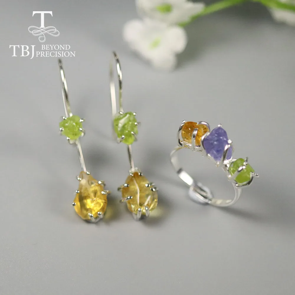 

Handmade gemstone rough Jewelry set natural Brazil Citrine peridot earring ring 925 sterling silver fine jewelry for lady