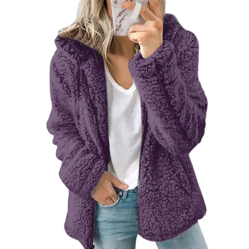 

Zipper Closure Plush Fleece Coat Autumn Winter Hooded Solid Color Warm Jacket Coat Outerwear Casual Women Clothing Black 3XL