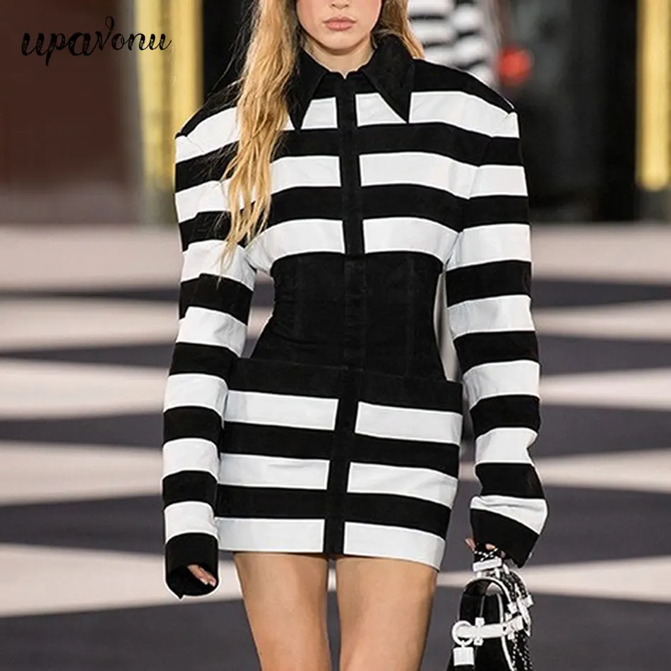 

2020 Autumn New Fashion Women'S Dress Sexy Long Sleeve Stitching Pocket Striped Dress Bodycon Mini Evening Party Runway Vestidos