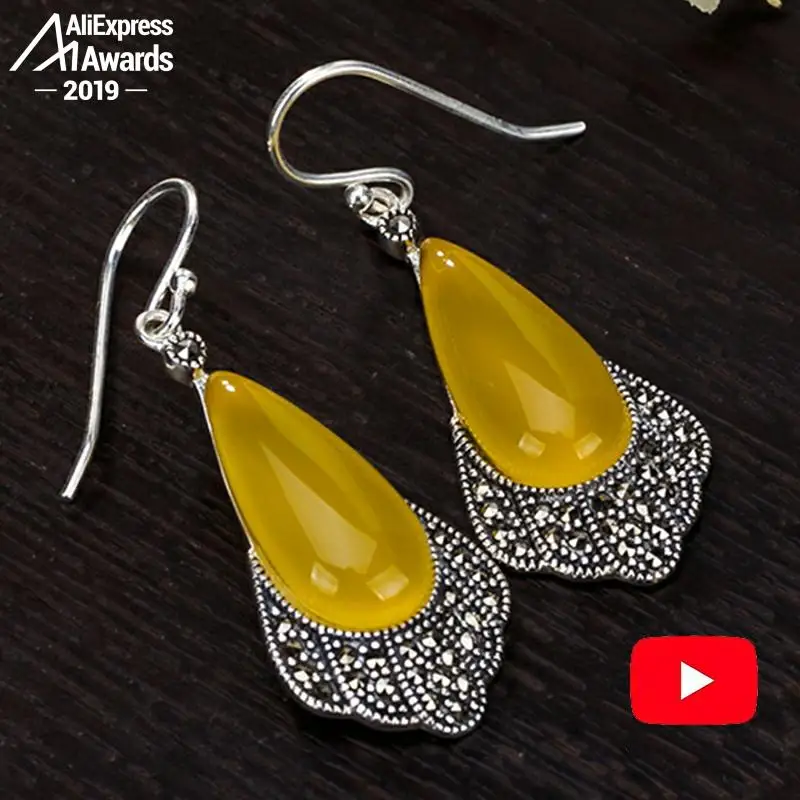Серьги-подвески из серебра S925 пробы украинские янтарные серьги-капли крупные