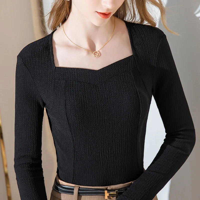 

2021 spring new women's Long Sleeve Chiffon shirt women's foreign style V-neck with French square collar to show thin top