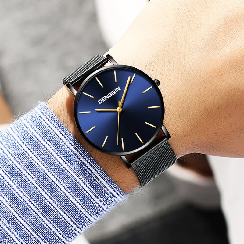 2020 мужские часы с черным циферблатом сетчатые для мужчин из нержавеющей стали