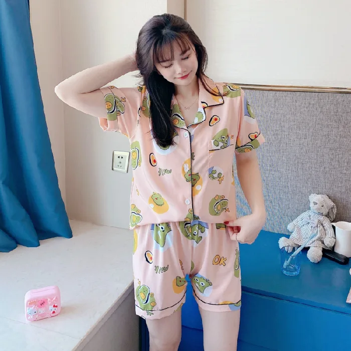 2021Summer New Women's Pajamas Ice Silk Short-sleeved Cute Thin Student Casual Home Wear Pijamas Women Sleepwear Sleep Tops