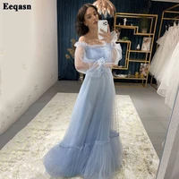 eeqasn sky blue long puffy sleeves tulle prom party gowns boat neck pleats off shoulder women formal event dresses tiered skirt