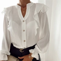 women fashion fall winter long sleeve v neck button blouse ladies solid color tops elegant ruffle shirts t shirt