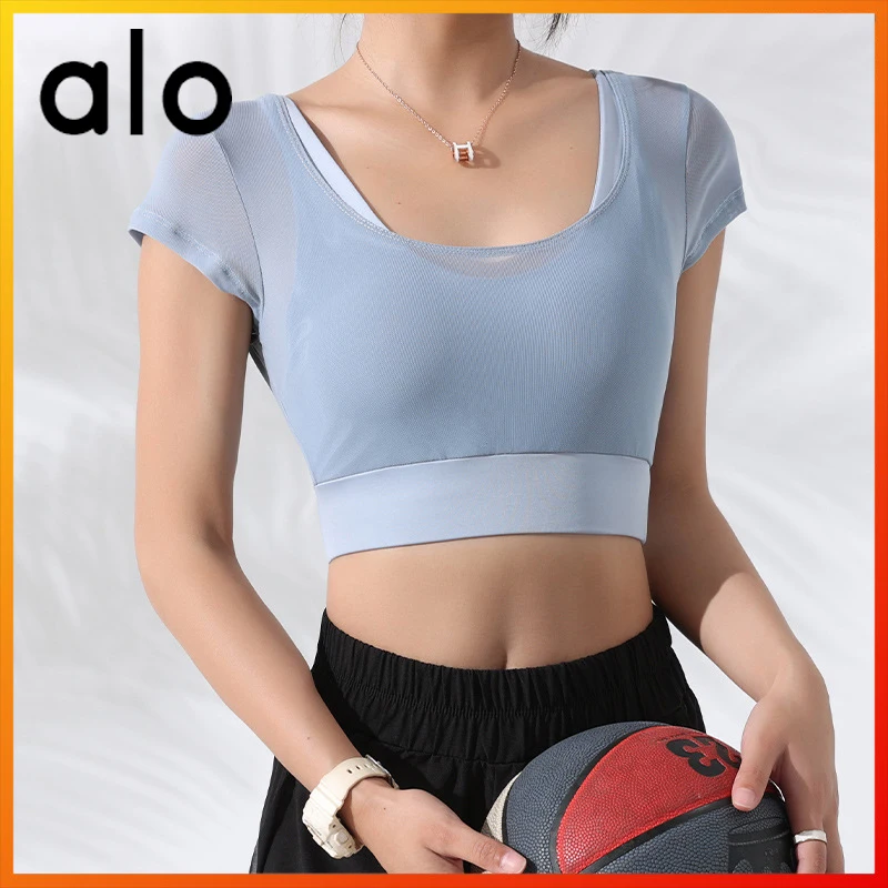 

Alo Yoga Summer Women's Crop Top Mesh Fake Two-piece Breathable Sexy Sports Top Yoga Fitness Leisure Running Cycling Vest T942
