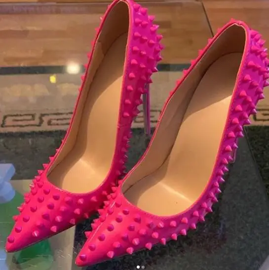 

Moraima Snc Rivets Studded Woman Pumps Sexy Pointed Toe Stiletto Heels Rose Pink Leather 12/10CM Party Dress Shoe Pink