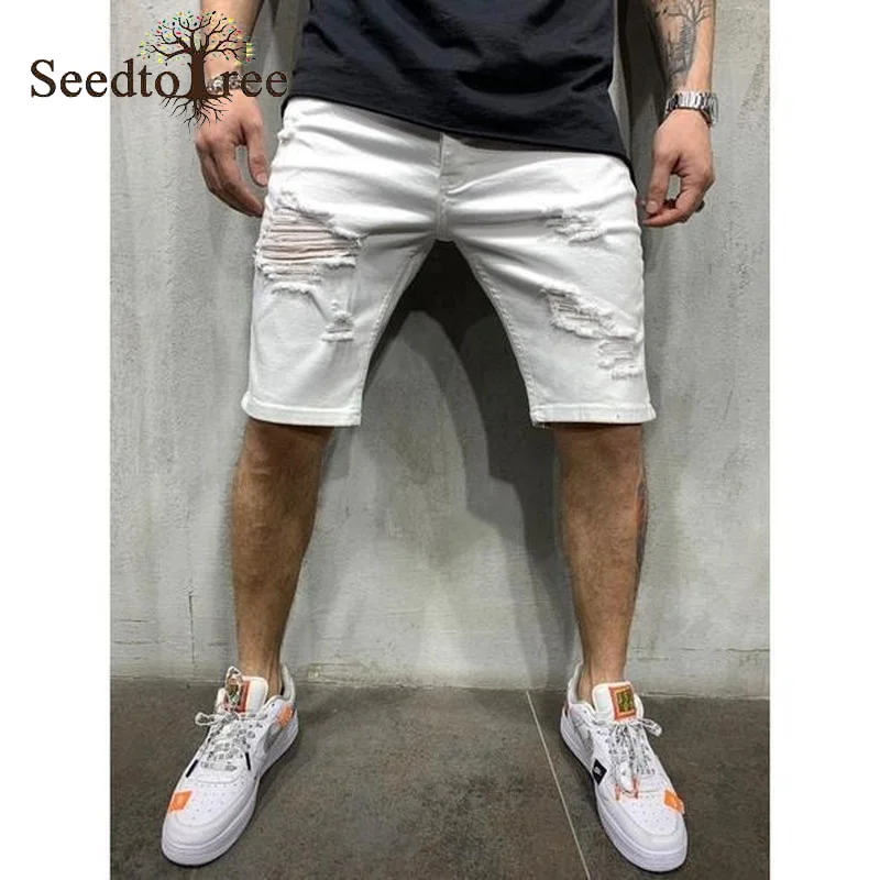 Summer Solid Color Hole Men's Jeans Shorts Slim Denim Knee Length Pants