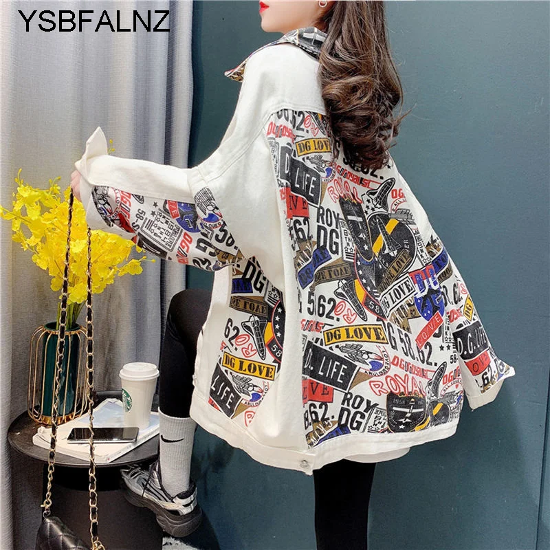 Streetwear Style Print Womens Denim Jacket Coat BF Jeans Outwear Female 2021 Spring Autumn Casual Loose Cowboy Clothing Loose