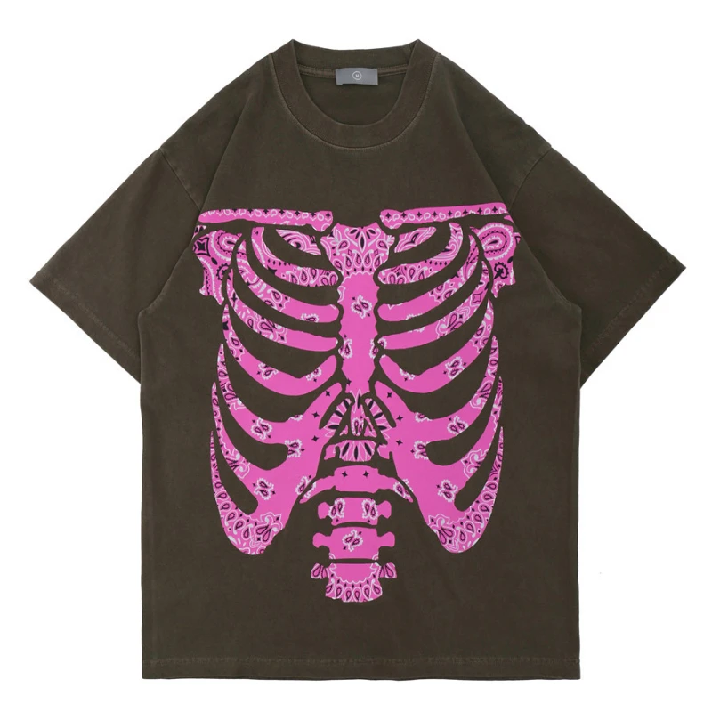 

Oversized Shirt Short Sleeve Men's American Style Loose Short Sleeve Cashew Flower Skeleton Printing Men Clothing In Summer