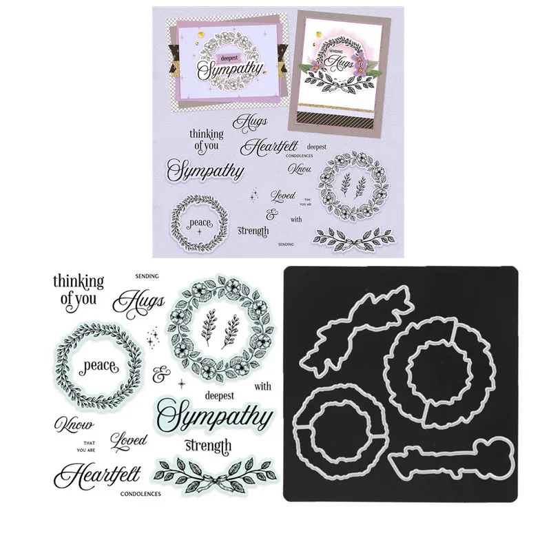 

Flower Wreath Leave Sympathy Words Metal Cutting Dies And Clear Stamps For DIY Scrapbook Diary Embossing Template Card 2021 New