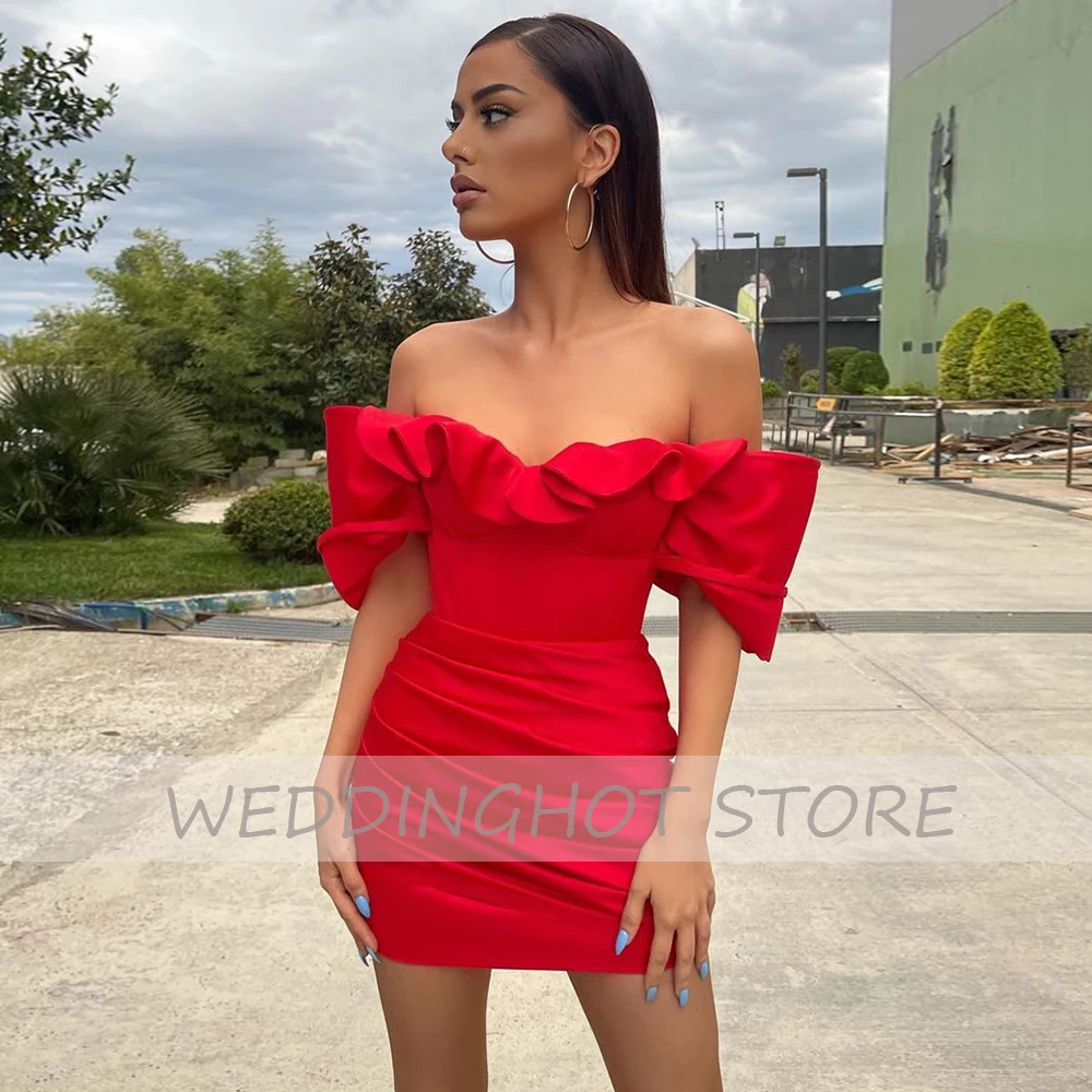 

Red Sweetheart Evening Dress Short 2021 Knee length Elegant Sexy Ball Gown Satin Off-Shoulder Simple Celebrity robes de soire