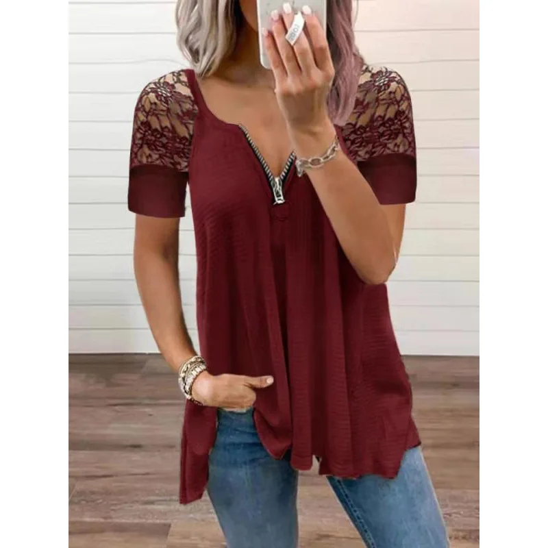 

2021 Summer Women Fashion Clothes Lady Sexy Solid Color Lace Tops Female Zipper V-neck Loose Short Sleeve T-shirt