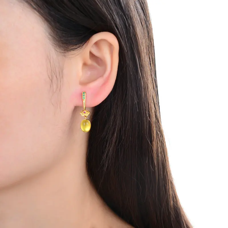 

Natural Prehnite Gemstone 925 Silver Earrings For Women Vintage auspicious clouds Gold Yellow Geometry Drop Earrings Jewelry