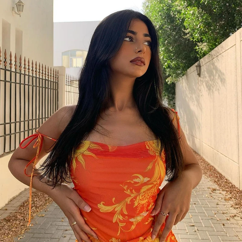 

Sun Flower Printed Gradient Spaghetti Strap Y2k Sundress Mini Dress Women Party 2021Summer Sleeveless Bodycon Mesh Dresses