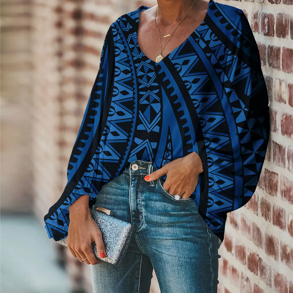 

Factory Outlet Custom Women's Fashion Shirt Polynesian Tribal Blue Background With Stripes Prints Asimple Chiffon Generous Shirt