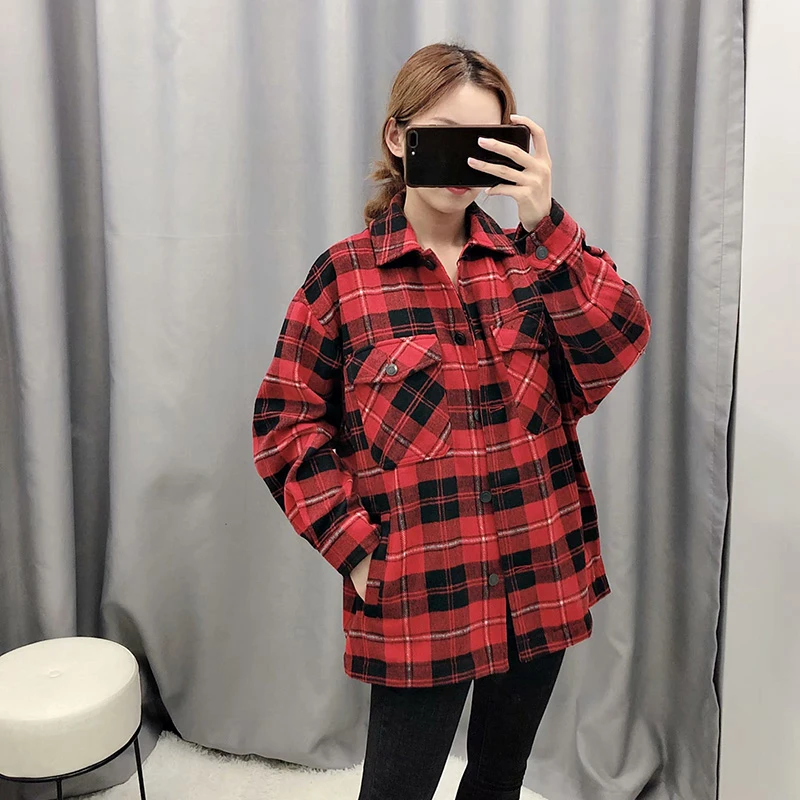 

2020 Vintage Stylish Pockets Oversized Plaid Jacket Coat Women Fashion Lapel Collar Long Sleeve Loose Outerwear Chic Tops K841