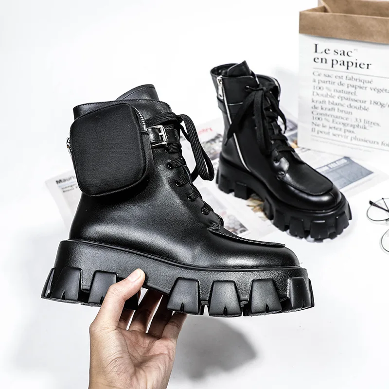 

boot winter lady 2021 new Plush British style lace Autumn and up muffin thick bottom pocket short boot lady