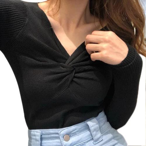 Женский свитер в полоску с длинным рукавом и V-образным вырезом | Женская одежда