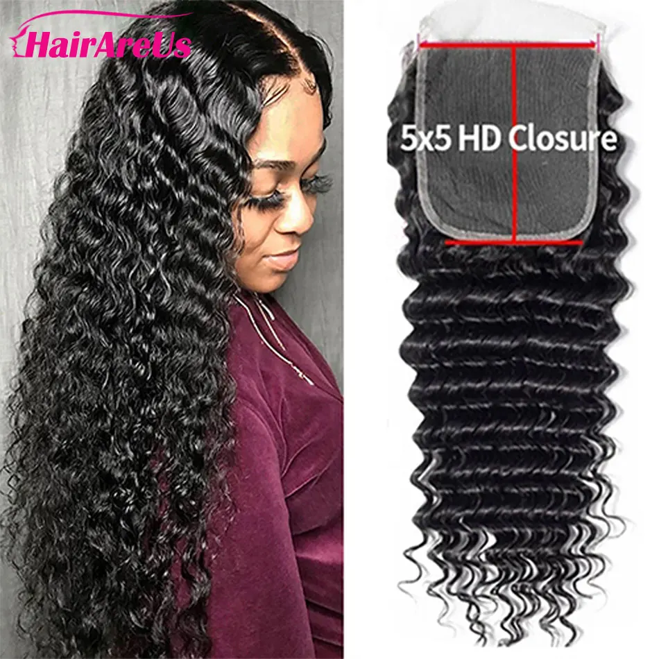 

5x5 Deep Wave Hair HD Transparent Lace Closure Human Hair Black Women 14-22 Remy Brazilian Curly Hair Swiss Lace Closure Only
