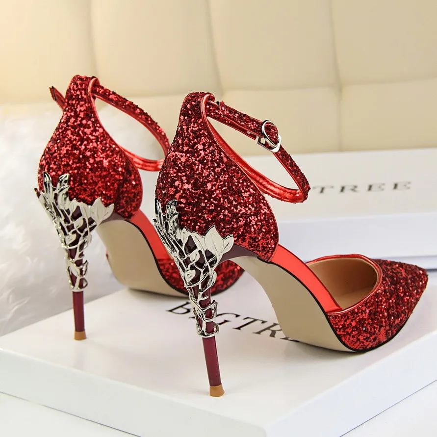 QWEDFsummer crystal princess shoes gold sequins high heels fine wedding silver bride pointy bridesmaid single MJ-75 | Обувь