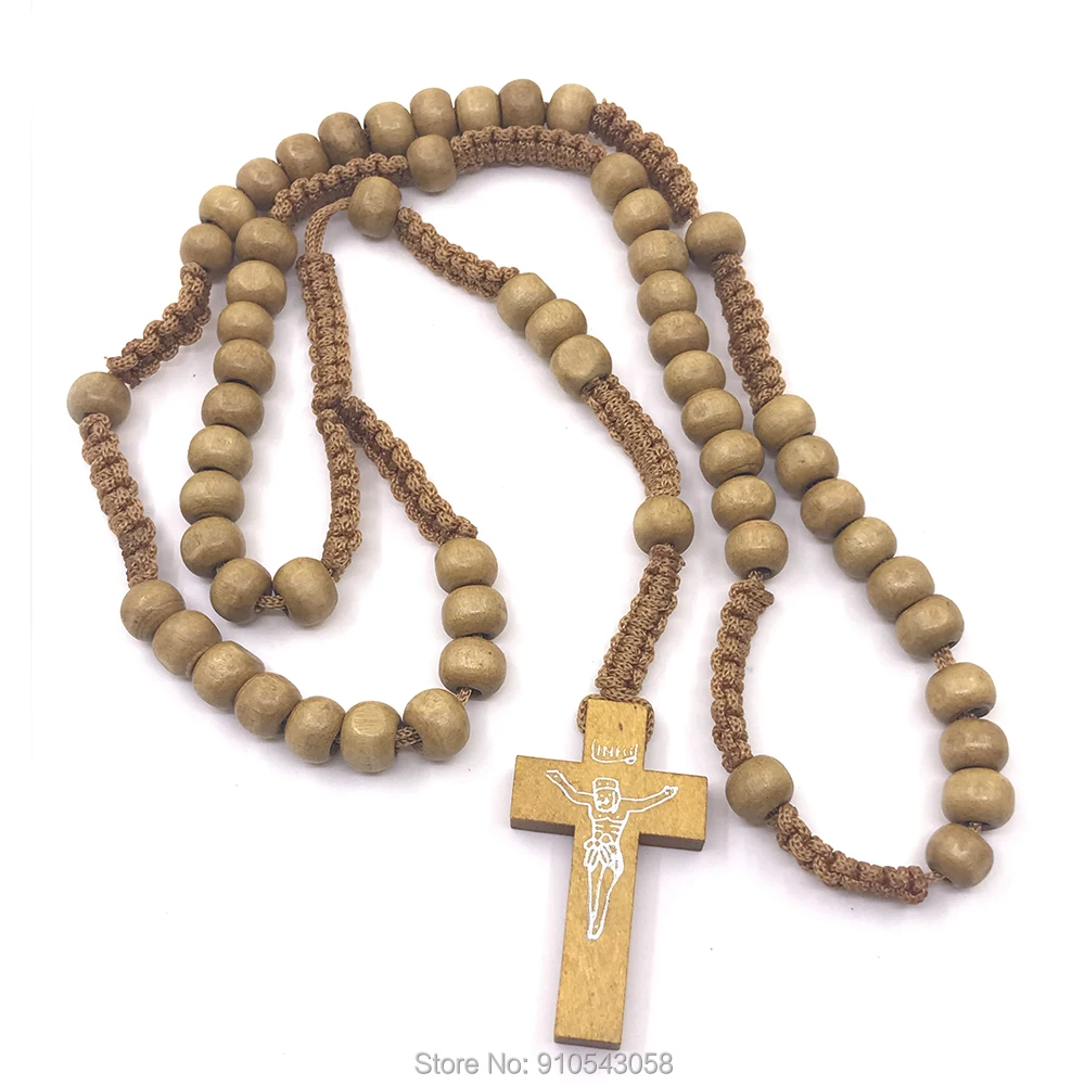 

10PC Religious Wooden Rosary Necklace Holy Communion Gifts Orthodox Catholic Christian Jesus Cross Crucifix Pendant Beads favors